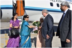 on 4 Aug, 2018 Hon’ble External Affairs Minister Smt. Sushma Swaraj being received by Hon’ble Foreign Minister of Uzbekistan H.E. Mr. Abdulaziz Kamilov on arrival at Islam Karimov Airport