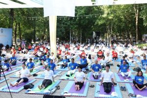 The 10th International Day of Yoga was celebrated at Central Park, Tashkent with great enthusiasm on June 21, 2024. H.E. Mr. Adkham Ikramov Sports Minister of Uzbekistan joined yoga enthusiasts to practice Yoga
