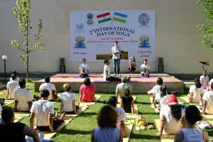 Participants at mass yoga practice at Lal Bahadur Shastri Centre for Indian Culture on 18 June 2016, to celebrate the International Yoga Day